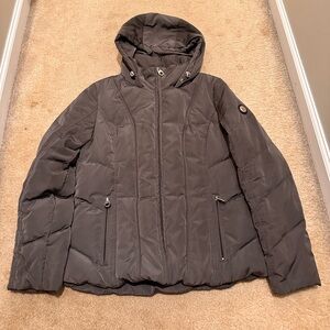 Calvin Klein Hood Puffer Jacket Leopard Print Lining Grey Women's Petite Medium